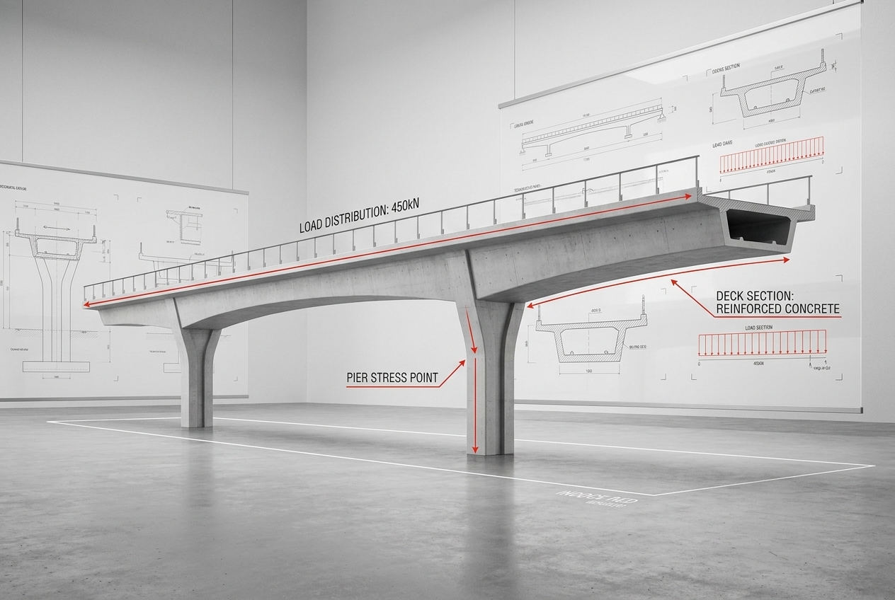 Detailed 3D rendering of a bridge undergoing structural analysis
